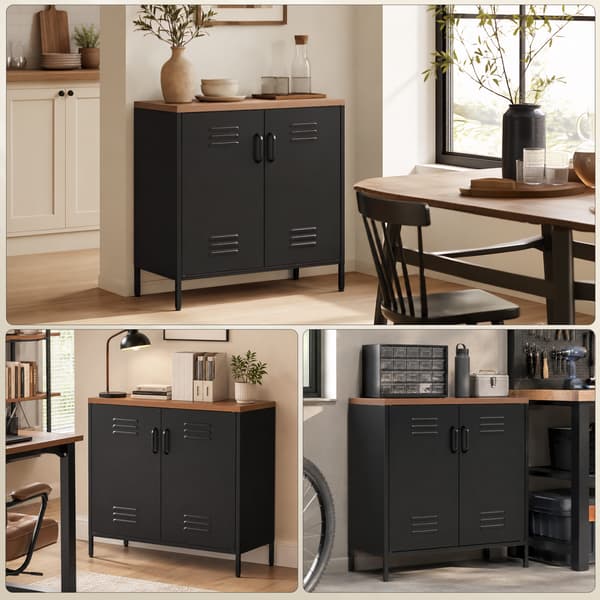 Metalsideboard 80x40x80 cm sort/brun træstruktur