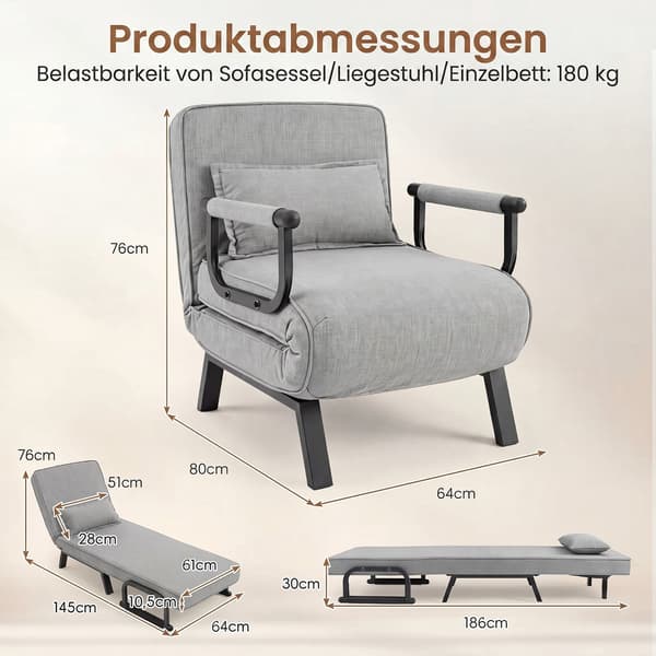 Sammenklappelig lænestolsseng 3-i-1 80x64x76 cm lysegrå