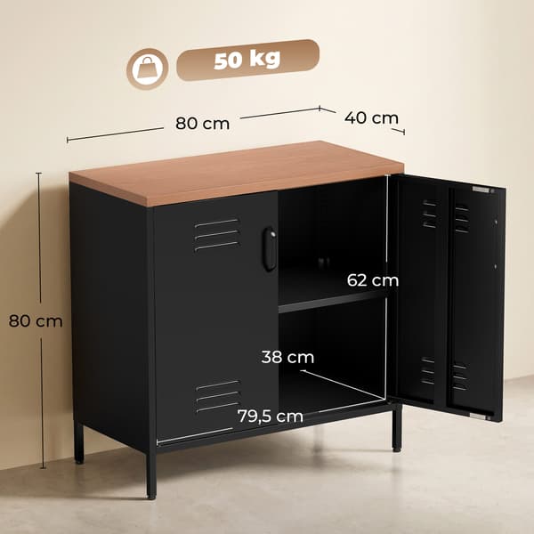 Metalsideboard 80x40x80 cm sort/brun træstruktur