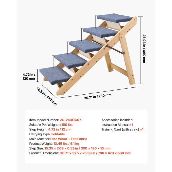 Kæledyrstrappe, 5-trins foldbart trædesign, 78x47x66 cm, brun
