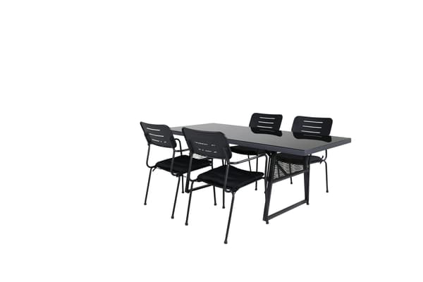 Spisegruppe, bord 77 x 193 x 90, glas/polyester/stål, sort