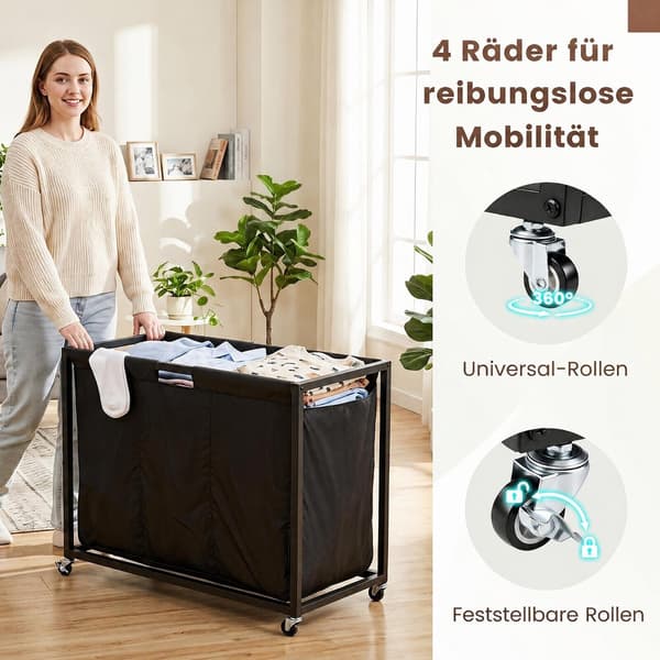 2-in-1 pyykkikori 3 osastolla ja pyörillä – ruskea