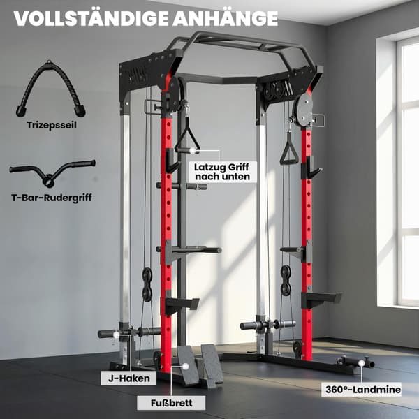 Power rack med Smith-maskine, justerbart wiresystem, multifunktionel, op til 300 kg