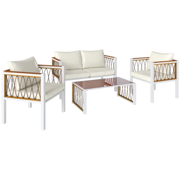Trädgårdsmöbelset 4-delar Polyrattan Loungeset Krämvit