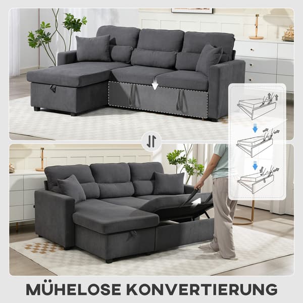 Bäddsoffa, L-formad gästssoffa 205x135x76 cm, mörkgrå, förvaring
