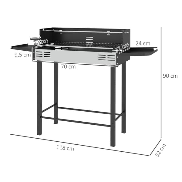 Kulgrill, 118x32x90 cm, Sort, Rustfrit Stål