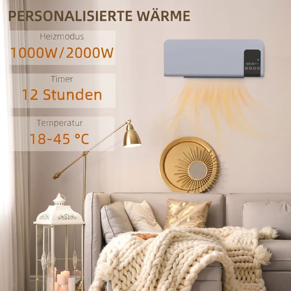 Elektrisk varmeapparat, vægmontering, svingfunktion, 2 tilstande, timer, LED-display, grå