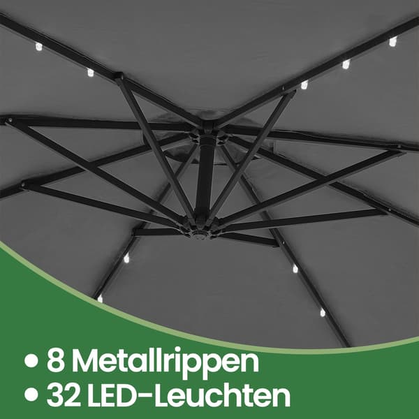Parasol 300 cm diameter Grå Metal Solcelle LED-belysning