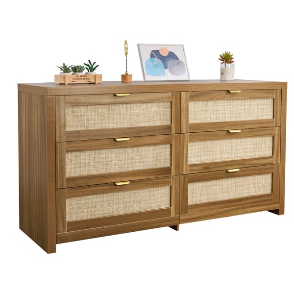 Kommode, 6-skuffers rattan kommode, 144,5x45x79,5 cm, valnød