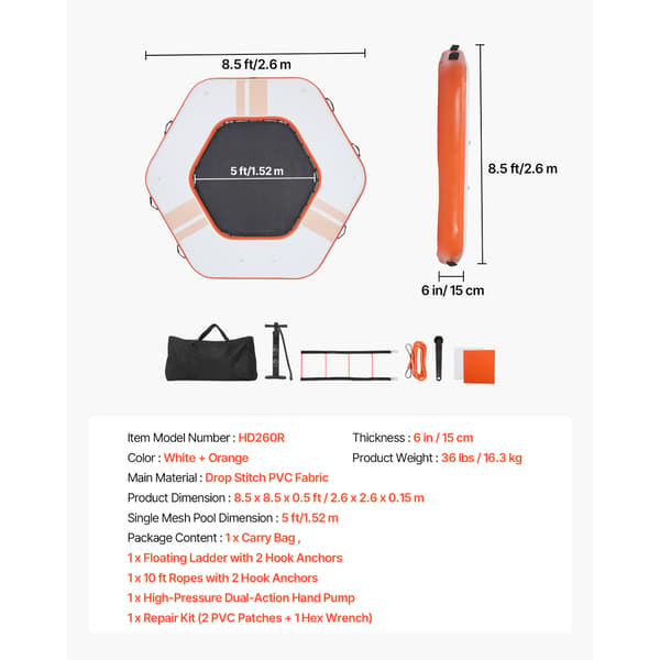 Oppustelig flydedock 260x260x15 cm Orange