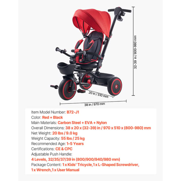 Løbecykel til småbørn 97x54x80-98 cm Rød Sort Justerbart Sæde