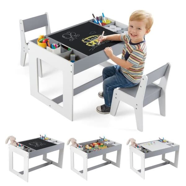 Børnebord og 2 stole sæt, 80x49.5x48.3 cm, Grå, Tavle