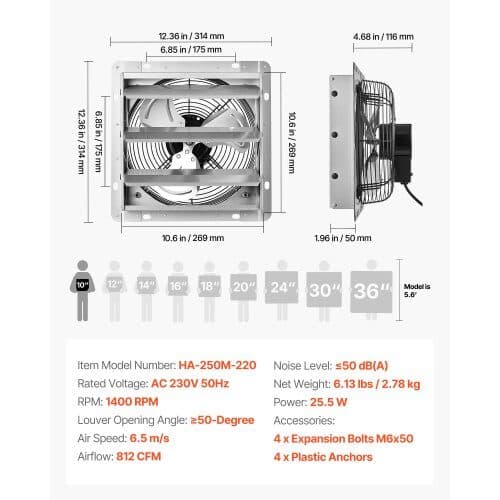 Shutter udsugningsventilator HA-250M-220 314x314x168 mm sølv