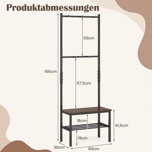 Halltræbænk med kroge 61x30,5x165 cm rustik brun/sort