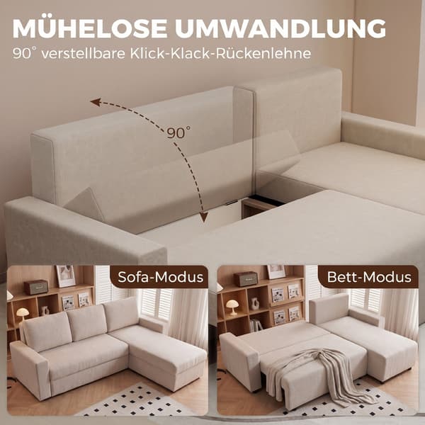 Hörnsoffa Bäddsoffa L-formad 3-sits Soffa 226x125x86 cm Beige Sammetstyg