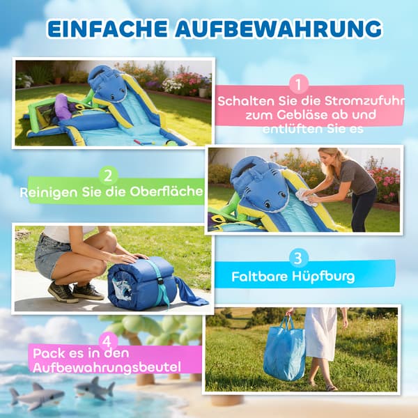 Oppustelig borg hajdesign 405x345x235 cm multifarvet polyester