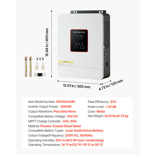 Hybrid solcelleinverter 3000W 24V DC til 230V AC Hvid