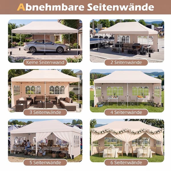 Sammenklappelig pavillon med 4 sidepaneler 3x6x2,9-3,1 m beige
