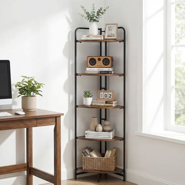 Foldbar hjørnehylde 5-niveau 34x34x151 cm rustik brun/sort