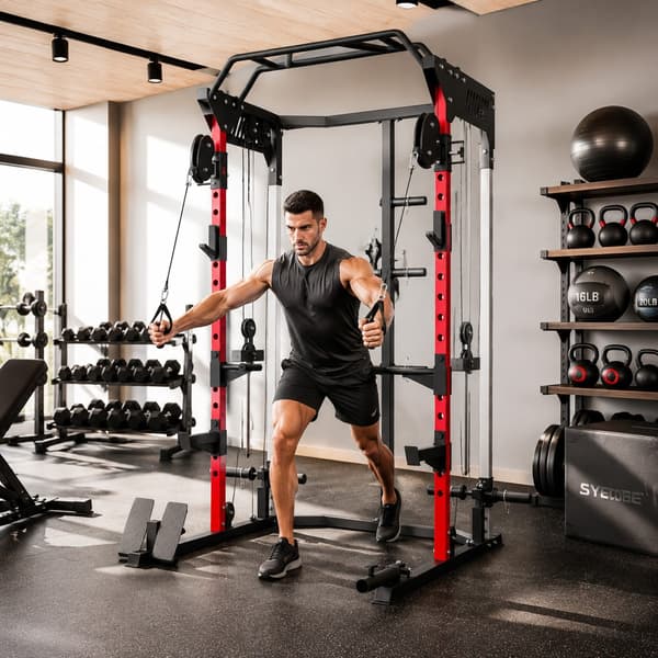 Power rack med Smith-maskine, justerbart wiresystem, multifunktionel, op til 300 kg