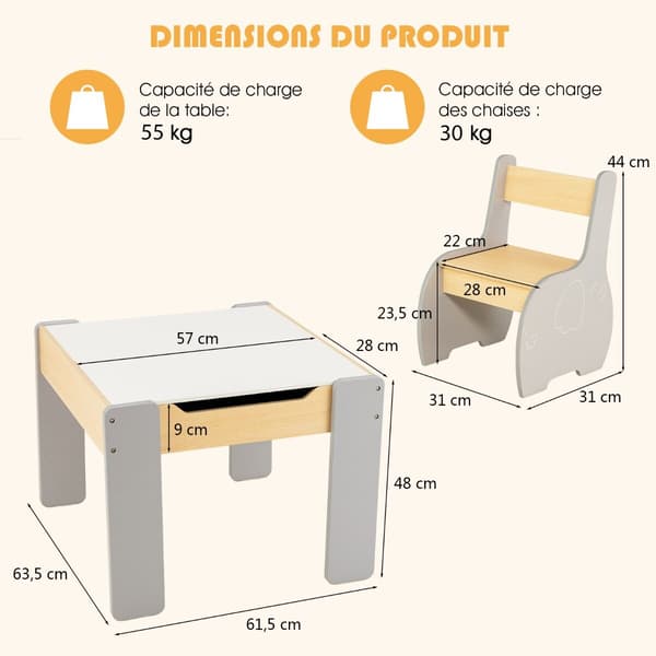 Børneaktivitetsbord og stol sæt 3 dele 63,5x61,5x48 cm grå