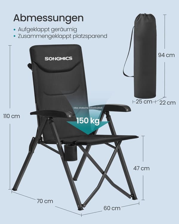 Campingstol 70x60x110 cm Sort Stål