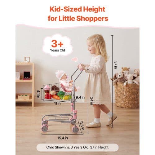 Børneindkøbsvogn med babydukke 2 niveauer 6 L pink