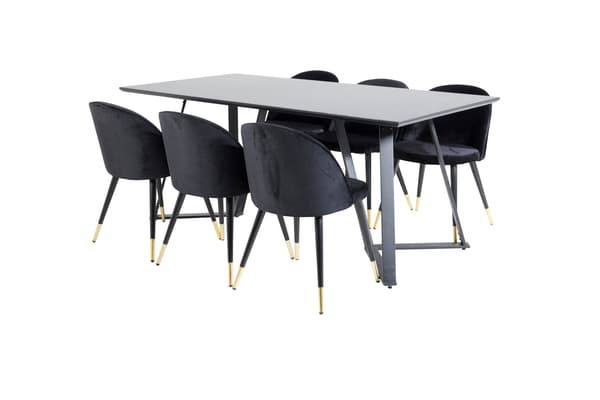 Spisebord og sæt med velour spisebordsstol, sort