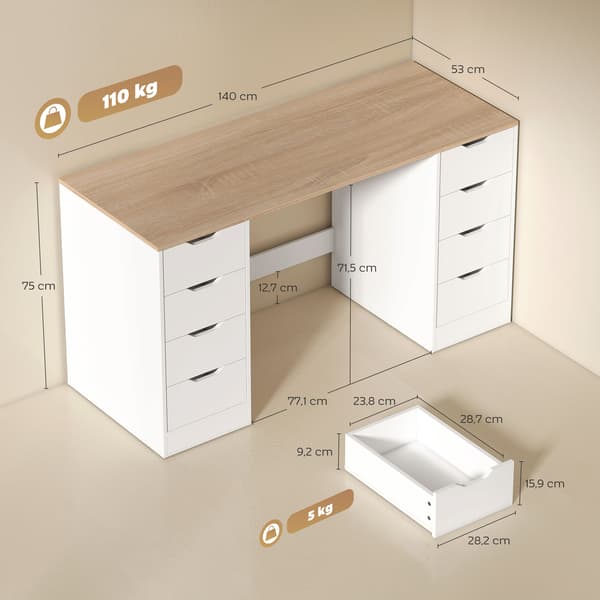 Computerskrivebord, 140x53x75 cm, Hvid, Træ og Stål