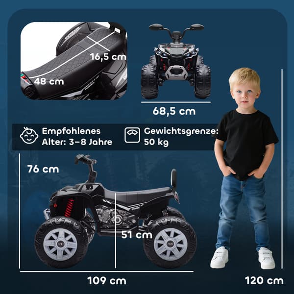 Børns elektriske ATV, 109x68,5x76 cm, Sort, Plastik