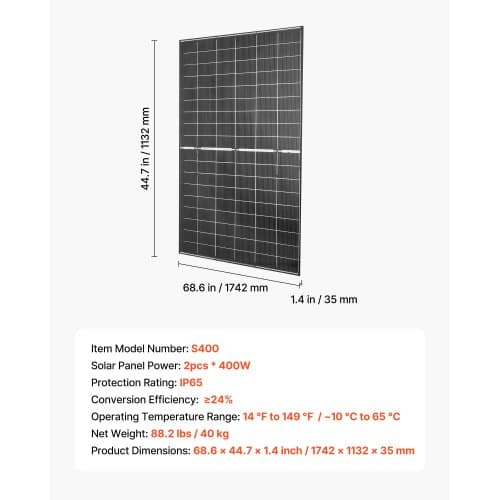 Solpanel, 174.2x113.5x3.5 cm, Sort, Monokrystallinsk