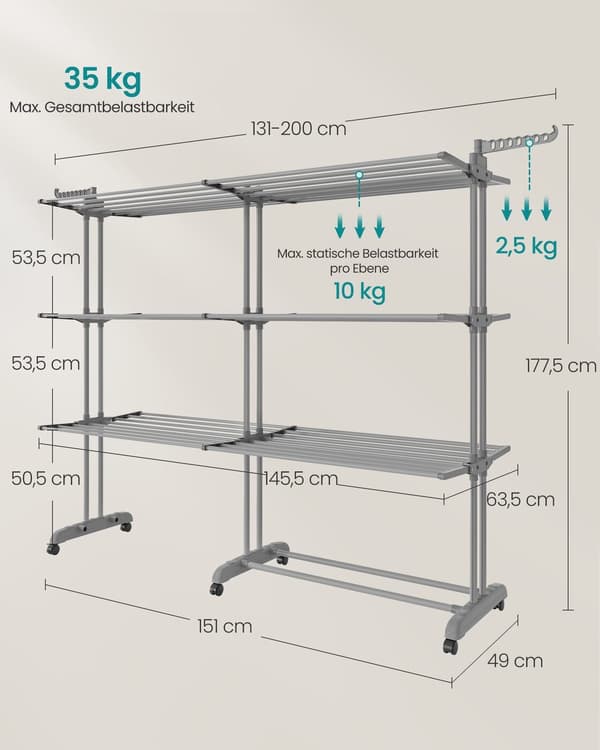 Klesstativ, 63,5x128x173 cm, Grå, Sammenleggbart