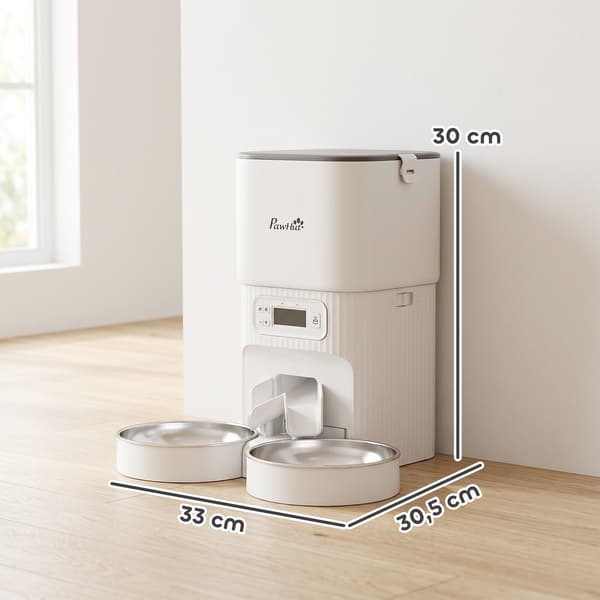 Automatisk kattefodrer med timer 2 rustfri stålfade 33x30,5x30 cm hvid