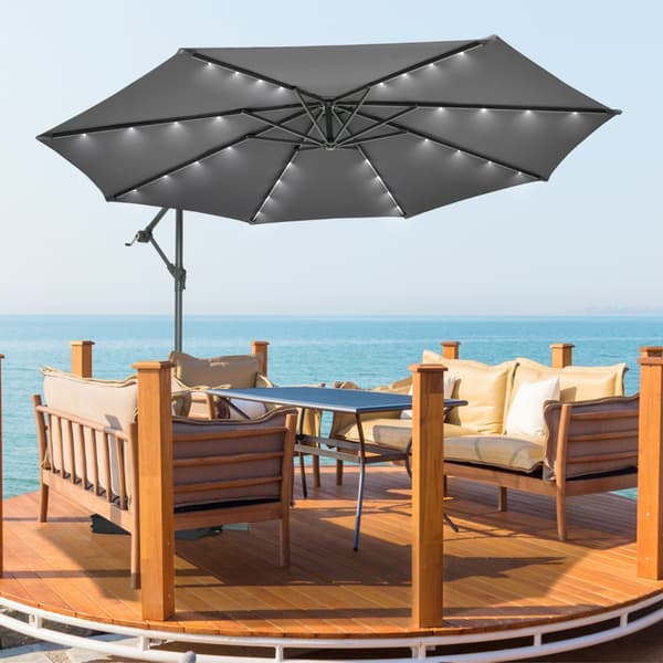 Parasol med solcelle-LED-lys og sandposer Ø300 cm grå