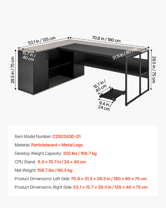 Skrivbord, L-format, 135x40x75,4 cm, Trä, Förvaring