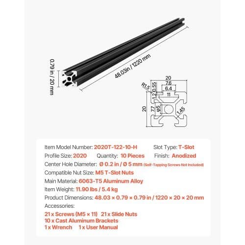 Aluminium ekstrusionsprofiler 10 stk 1220 mm sort