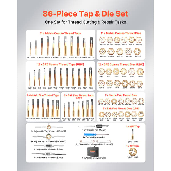 Tap- og gevindsæt 86 dele M3–M12 405x370x64 mm Sort stål