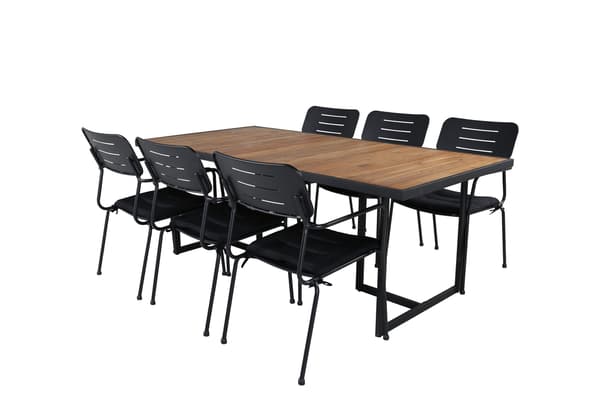 Spisebord og stole sæt 200x100 cm sort akacie stål