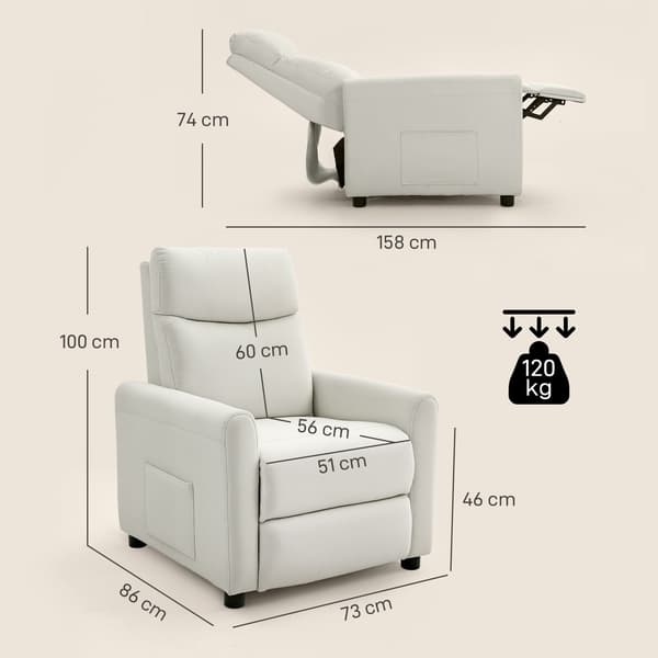Fåtölj med recliner 73x86x100 cm krämvit