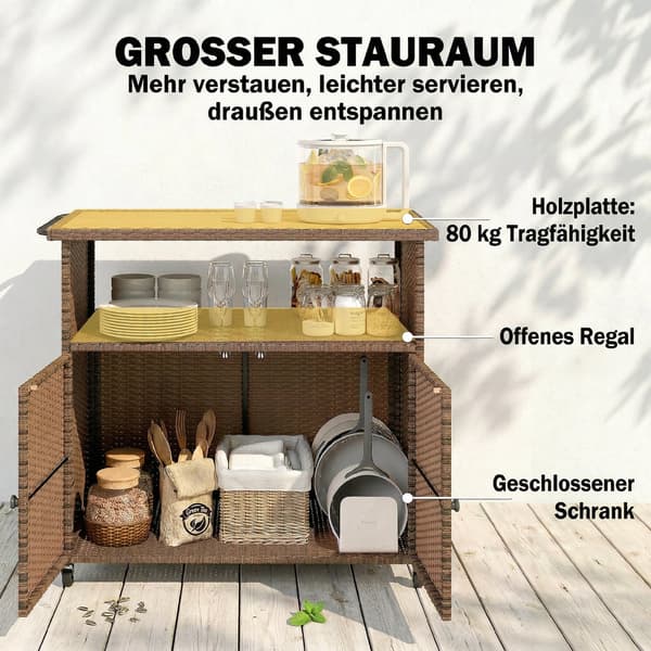 Serveringsvogn 95x54x84 cm Brun Rattan og Eukalyptustræ
