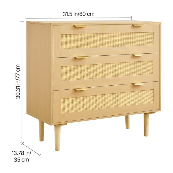 Kommode, 3-skuffers rattan kommode, 80x35x77 cm, naturtræ, opbevaring