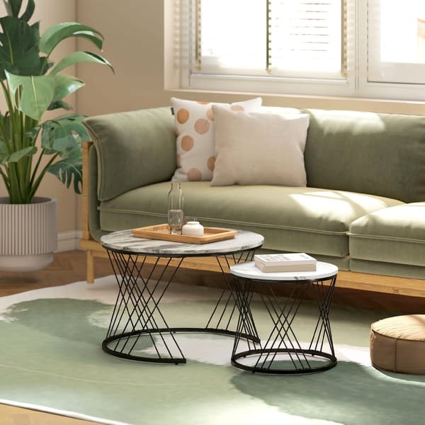 Sofabord 2-Pak, Marmorlook, Spånplade, Metal, Rund, Nesting, Grå+Hvid