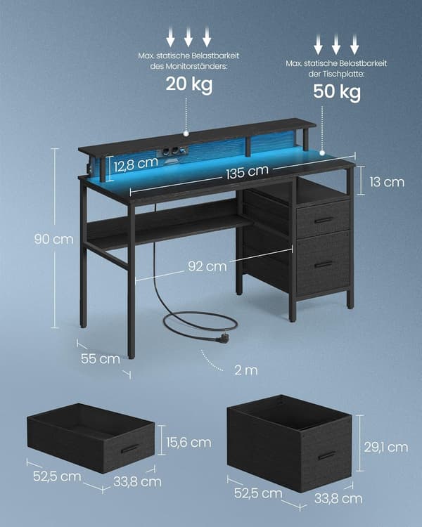 Skrivebord, 135x55x89 cm, Sort