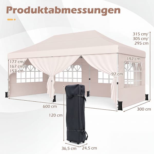 Sammenklappelig pavillon med 4 sidepaneler 3x6x2,9-3,1 m beige