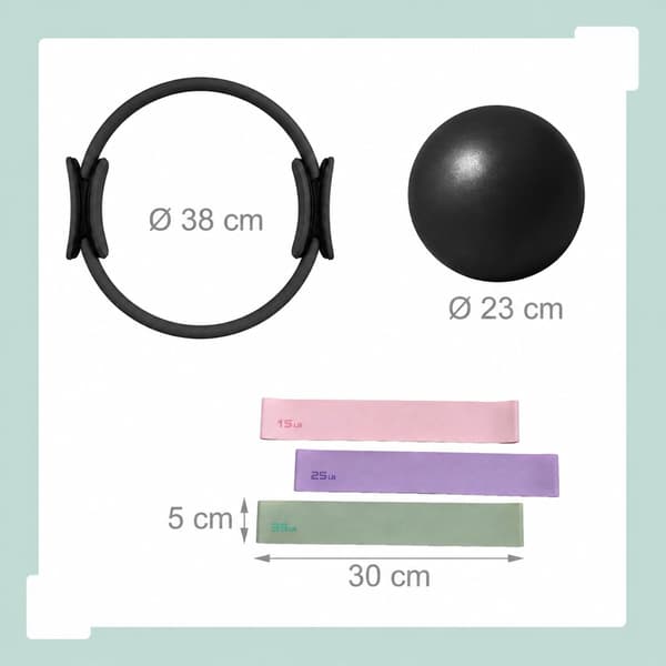 6-delars Pilates-set: ring, boll, band, Kodustaar