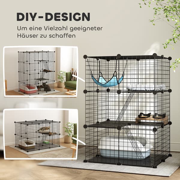 Kattebur, 105 cm, stål, 3 låger, modulært design, til katte under 4 kg