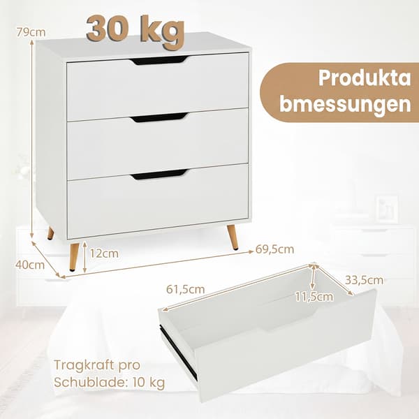 Kommode med 3 skuffer 69,5x40x79 cm hvid