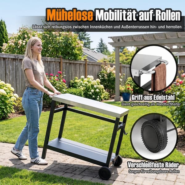 Grillbord med dobbelt hylde, 34" x 20", ståloverflade, sort