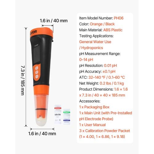 pH-mätare PH06 0–14 pH-intervall 40x40x185 mm orange/svart