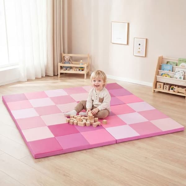Legeunderlag til småbørn, sammenklappeligt, patchwork, vandtæt, kunstlæder, lyserød